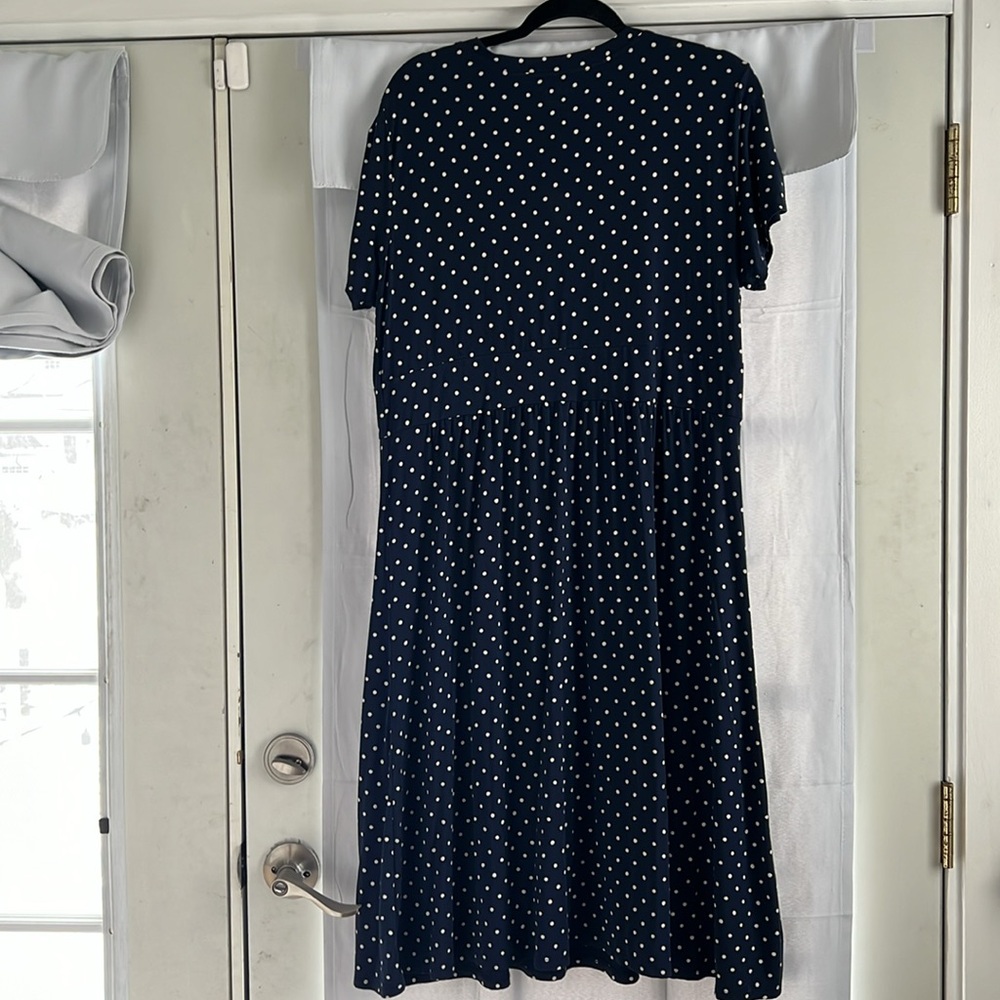 L.L. Bean Navy Blue Polka Dot Wrap Midi Dress - Picture 4 of 13